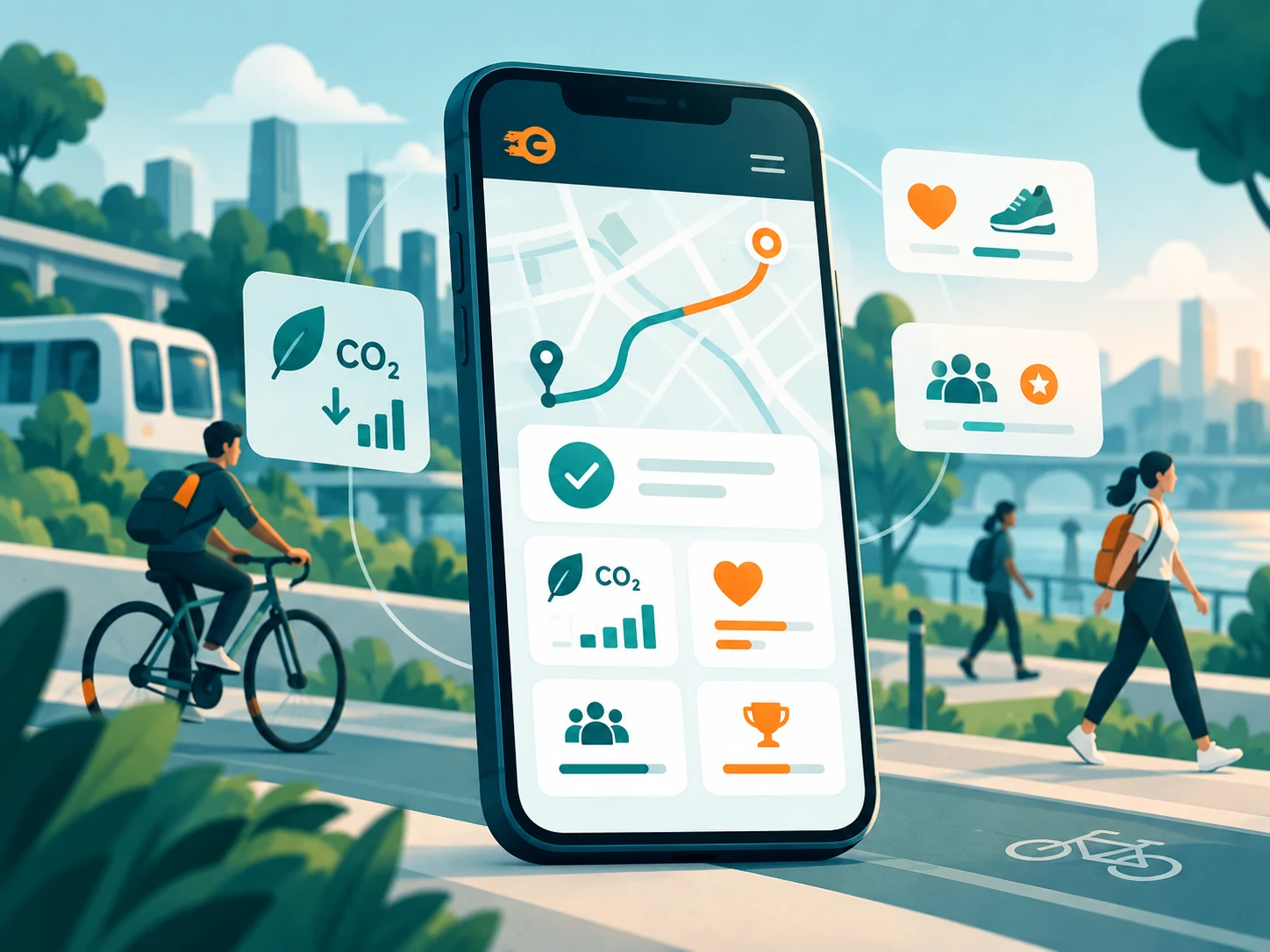 Illustrazione di mobilità sostenibile con smartphone, percorso digitale, bici e pedoni