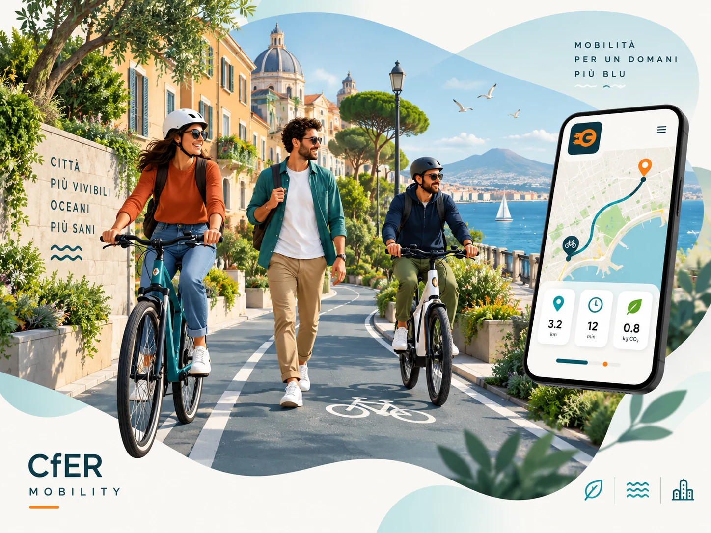 Illustrazione di persone che si muovono in modo sostenibile in un contesto urbano mediterraneo con interfaccia mobile